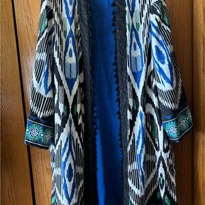 Chico's Blue and Black Green White Patterned Topper/duster.
